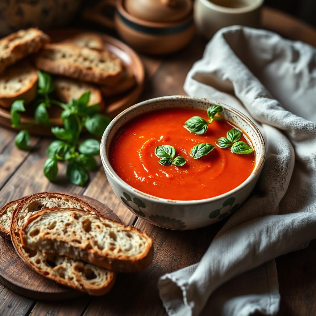 Kom warme tomatensoep met verse basilicum op een houten tafel